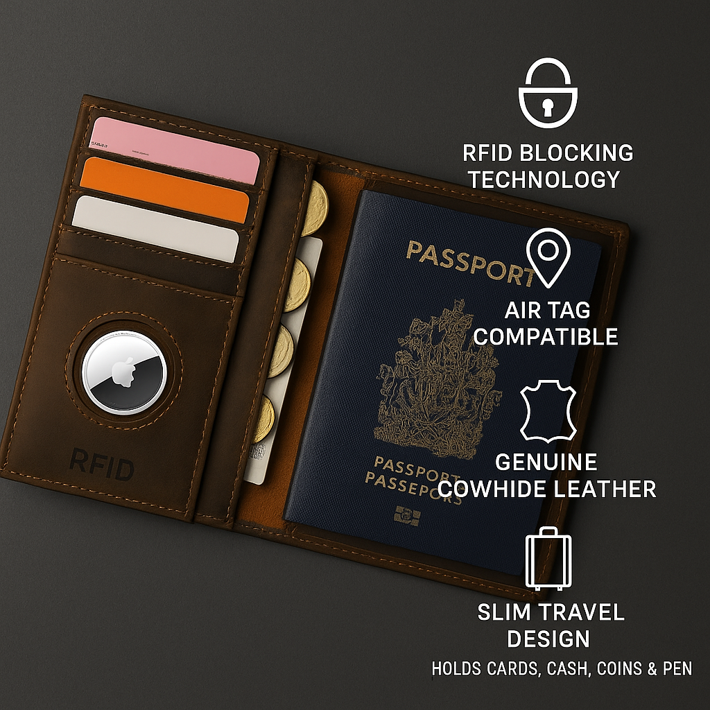 RFID Passport Wallet in luxury leather with AirTag holder, perfect RFID blocking travel case for secure journeys