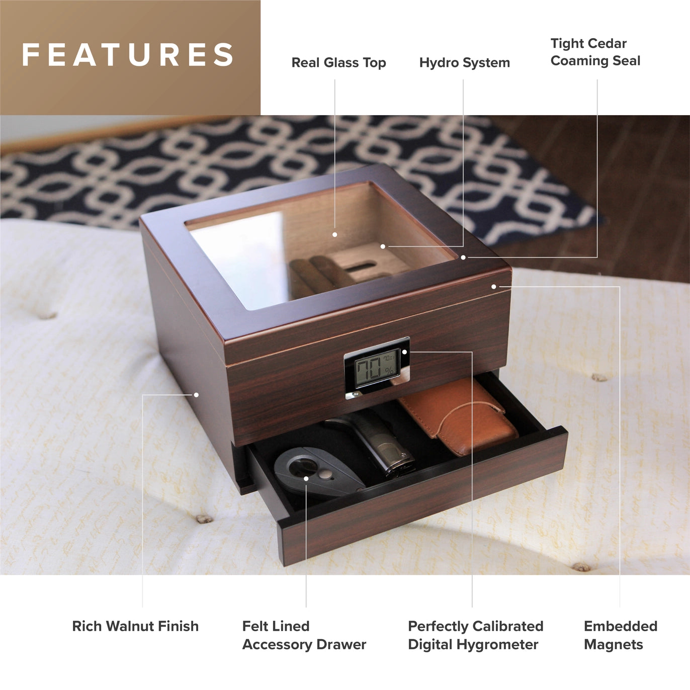 Renzo luxury glass-top cedar humidor with hygrometer - premium cigar storage box for aficionados