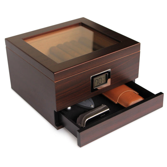 Renzo luxury glass-top cedar humidor with hygrometer - premium cigar storage box for aficionados