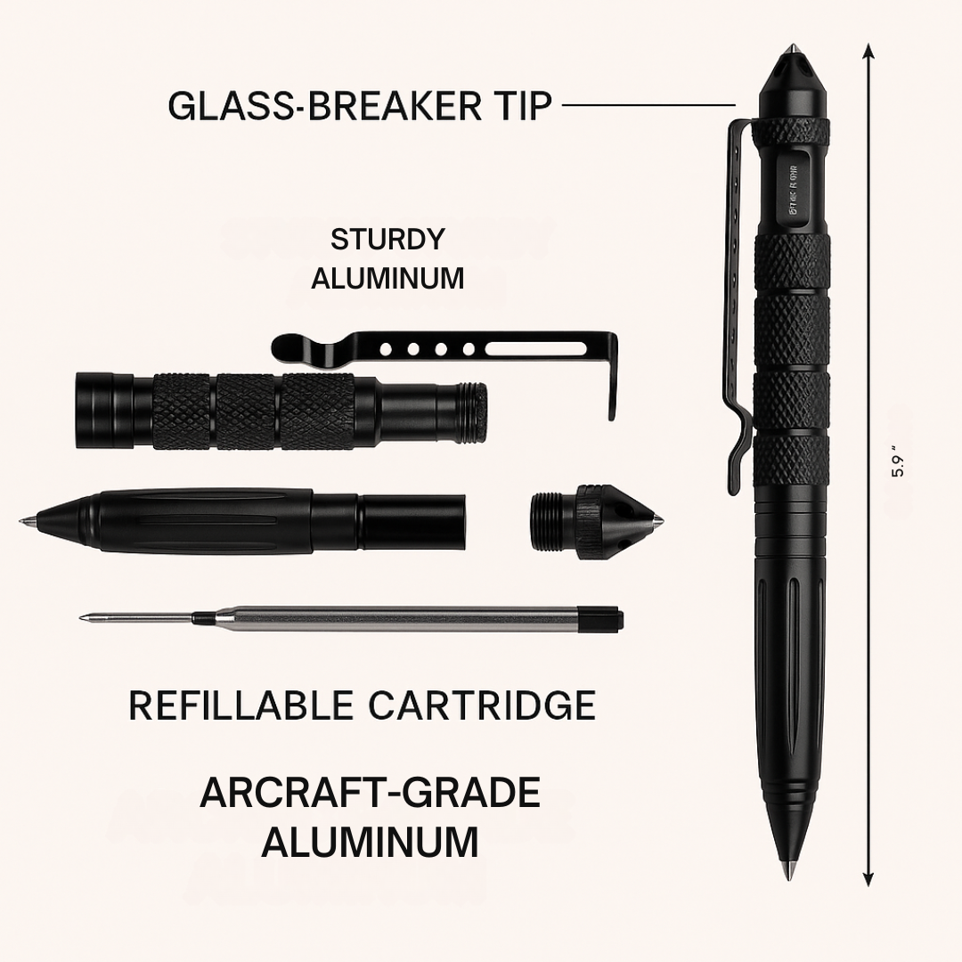 Durable tactical pen with emergency glass breaker, perfect for survival and self-defense in everyday carry