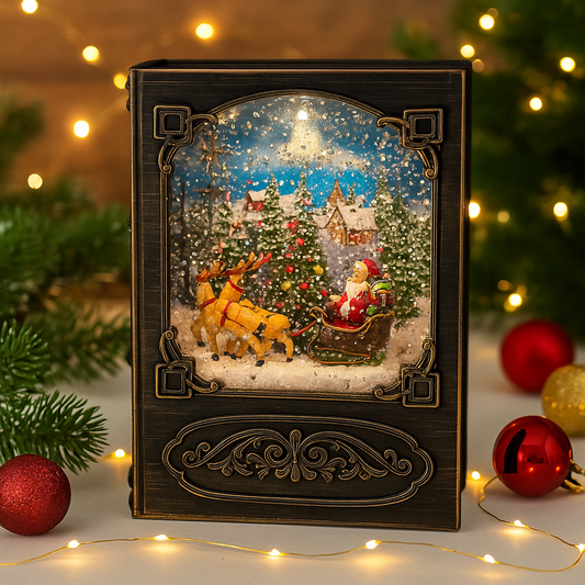 Santa storybook light with sleigh and reindeer, Christmas snow scene decoration
