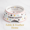Chewy Vuiton luxury dog bowl with non-skid base in small, medium, and large sizes