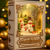 Side angle of Snowman Family Christmas Storybook Light showing detailed resin design, surrounded by ornaments and warm holiday lights.