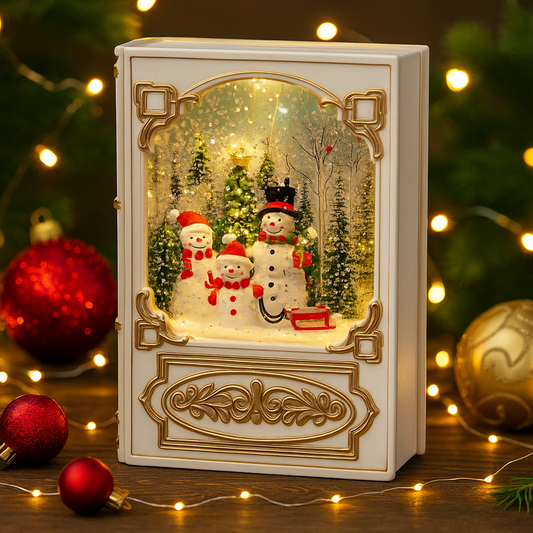 Snowman Family Christmas Storybook Light glowing with LED illumination, styled with festive baubles and twinkle lights on a holiday backdrop.