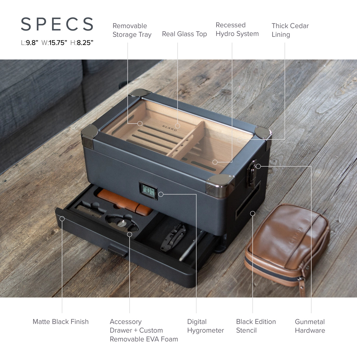 Luxury Military Humidor Cabinet featuring black ash, gold accents, PEG-organized drawers, and Hydro Tray humidity control.