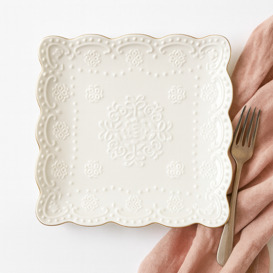 Square scalloped dessert plate with gold inlay rim