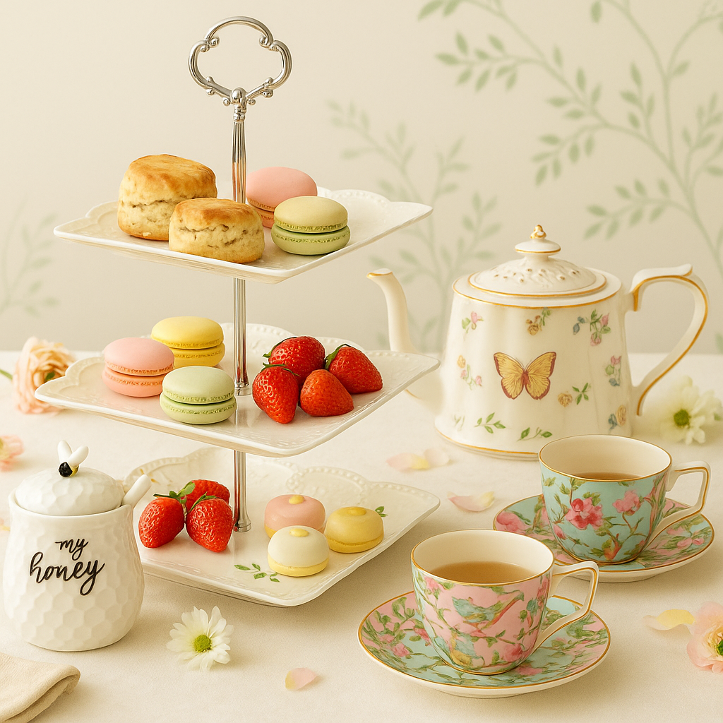 Square scalloped three-tier dessert stand with floral detailing