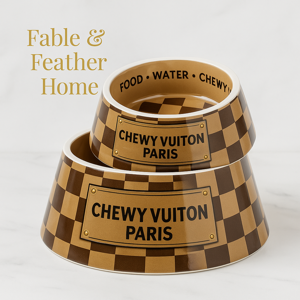 Luxury brown check pet bowl set with packaging – Fable & Feather Home
