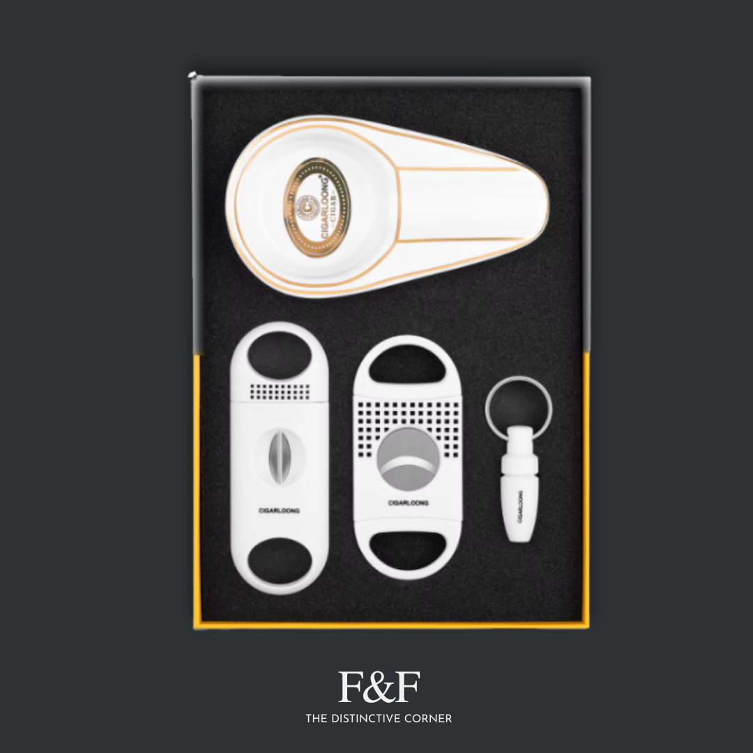 White CIGARLOONG three-piece cigar gift set with cutter, punch, and ashtray | F&F The Distinctive Corner