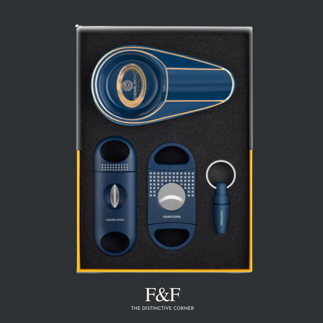 Blue CIGARLOONG cigar accessories gift set with precision cutter, punch, and ashtray | F&F The Distinctive Corner
