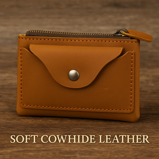 Tan leather zip wallet, genuine slim card holder, minimalist unisex leather wallet for everyday use