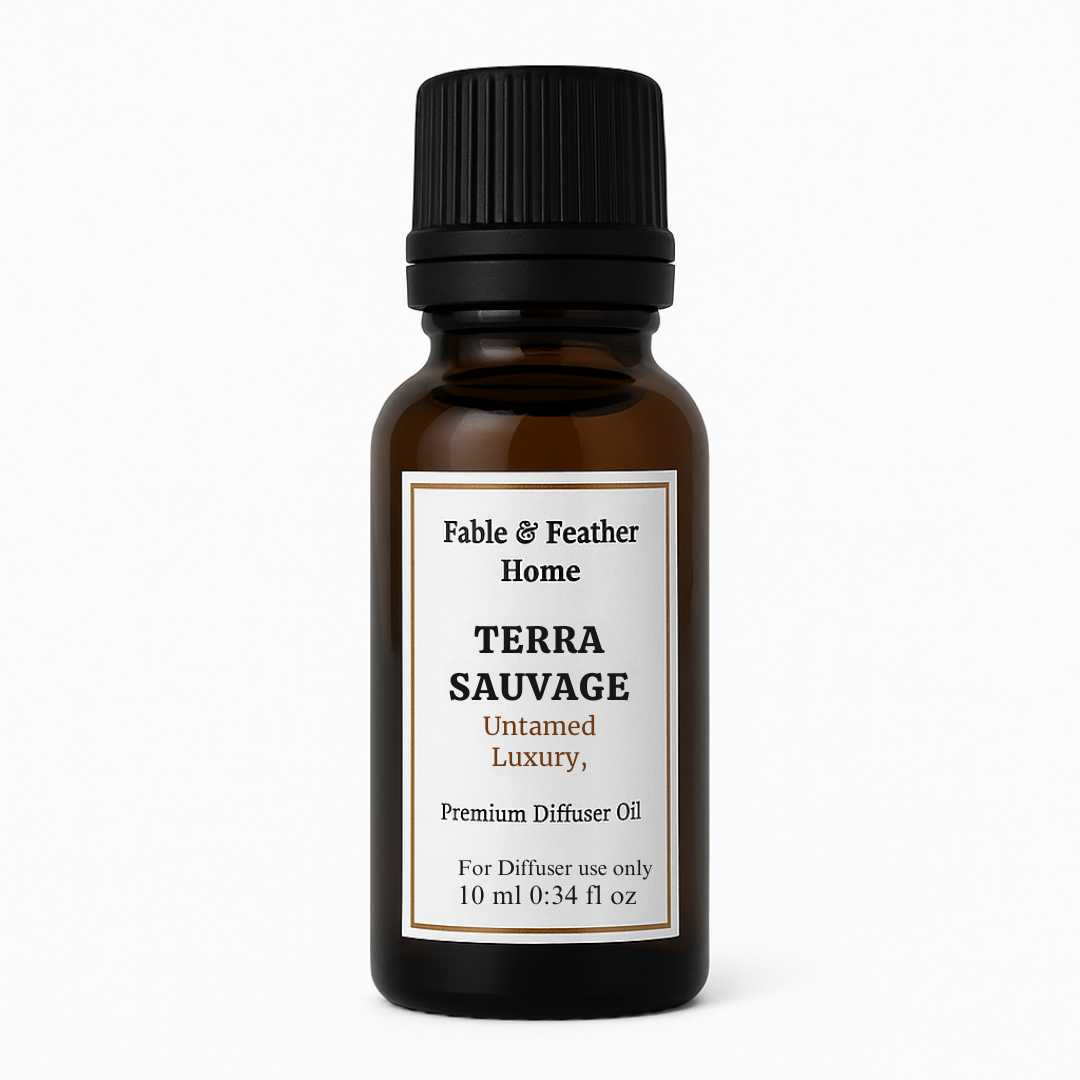 Terra Sauvage diffuser oil 10 ml amber bottle – spicy woody Dior Sauvage inspired diffuser oil by Fable & Feather Home.