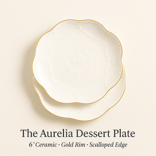 The Aurelia Dessert Plate – 6” Gold Rim.