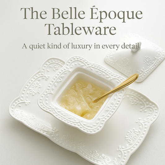 Elegant Belle Époque ceramic dessert bowl set with plate and spoon, pink-white embossed design for luxury dining