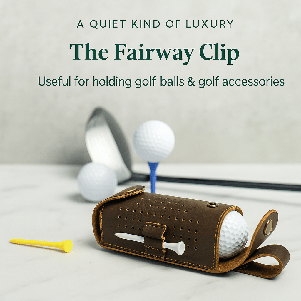 Brown leather golf accessory with brass hardware