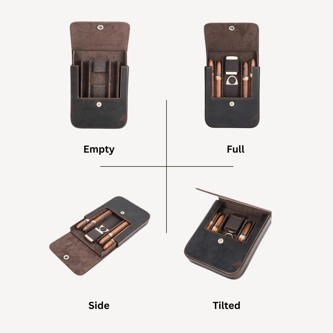 Kingsley Leather Travel Humidor: Vintage crazy horse leather cigar case for 6 cigars with suede lining and snap closure