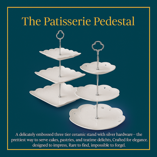 The Patisserie Pedestal three-tier ceramic cake stand with silver handle