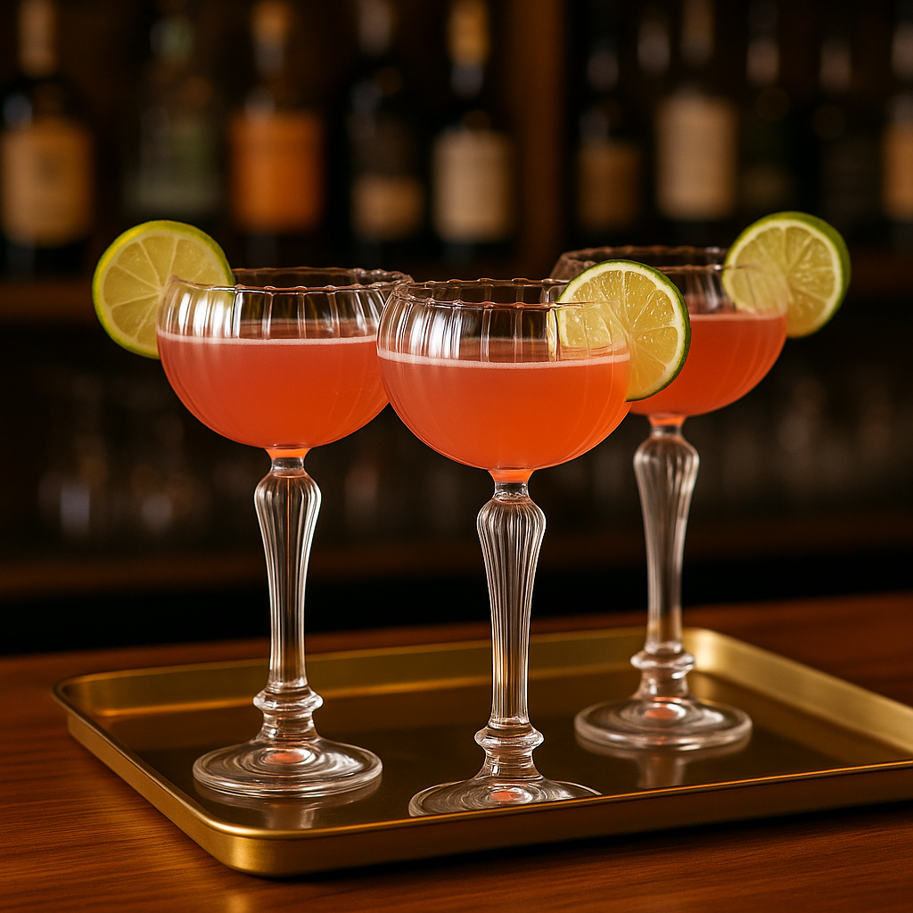 Vintage-modern fluted stem martini glass filled with negroni