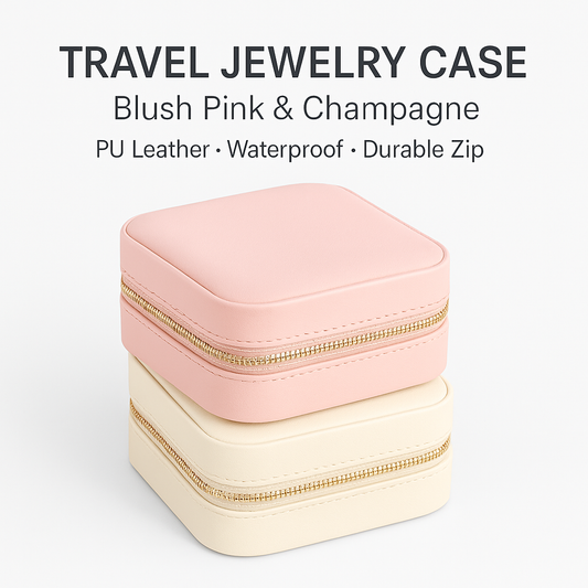 Stacked blush pink and champagne travel jewelry cases – compact PU leather organizers with zippers.