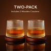 Set of two spinning whiskey glasses with coasters