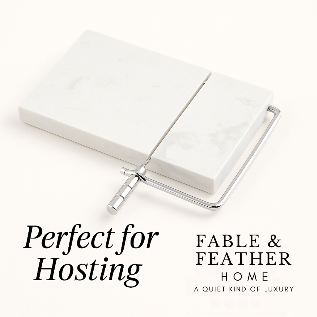 Marble cheese slicer on white background with Perfect for Hosting text and Fable & Feather Home logo.