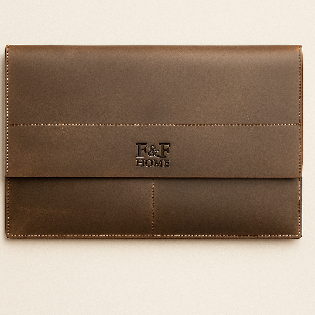 Vintage Crazy Horse leather laptop sleeve with magnetic flap and outer pocket, shown closed on white background.