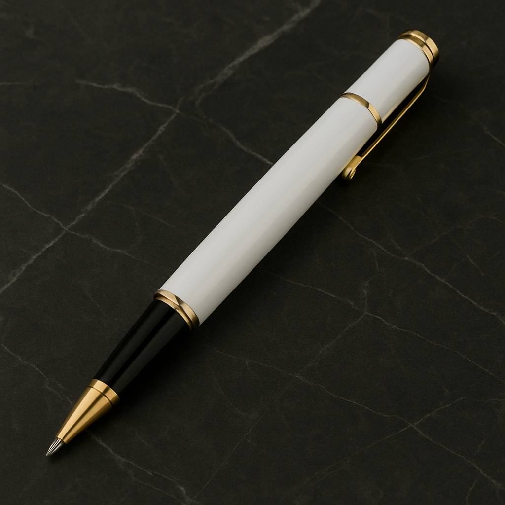 Luxury White & Gold Rollerball Pen with stainless steel body and smooth black ink, perfect executive writing gift.