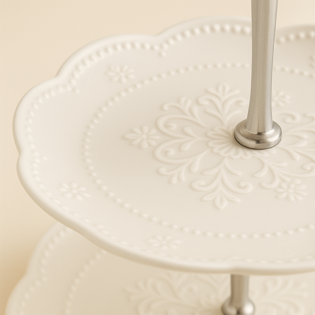 White ceramic cake stand with silver handle for afternoon tea