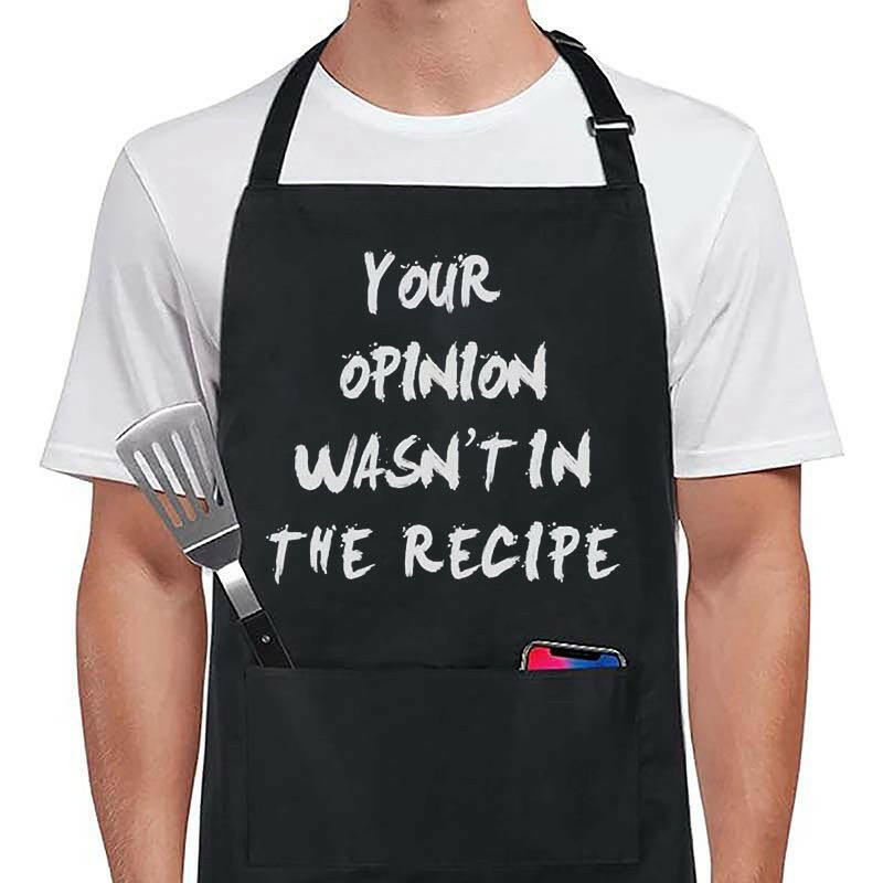 Cheeky black kitchen apron reading ‘Your Opinion Wasn’t in the Recipe.