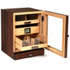 Luca Humidor Cabinet in brown walnut with three drawers, felt-lined accessory tray, and Hydro Tray humidity system