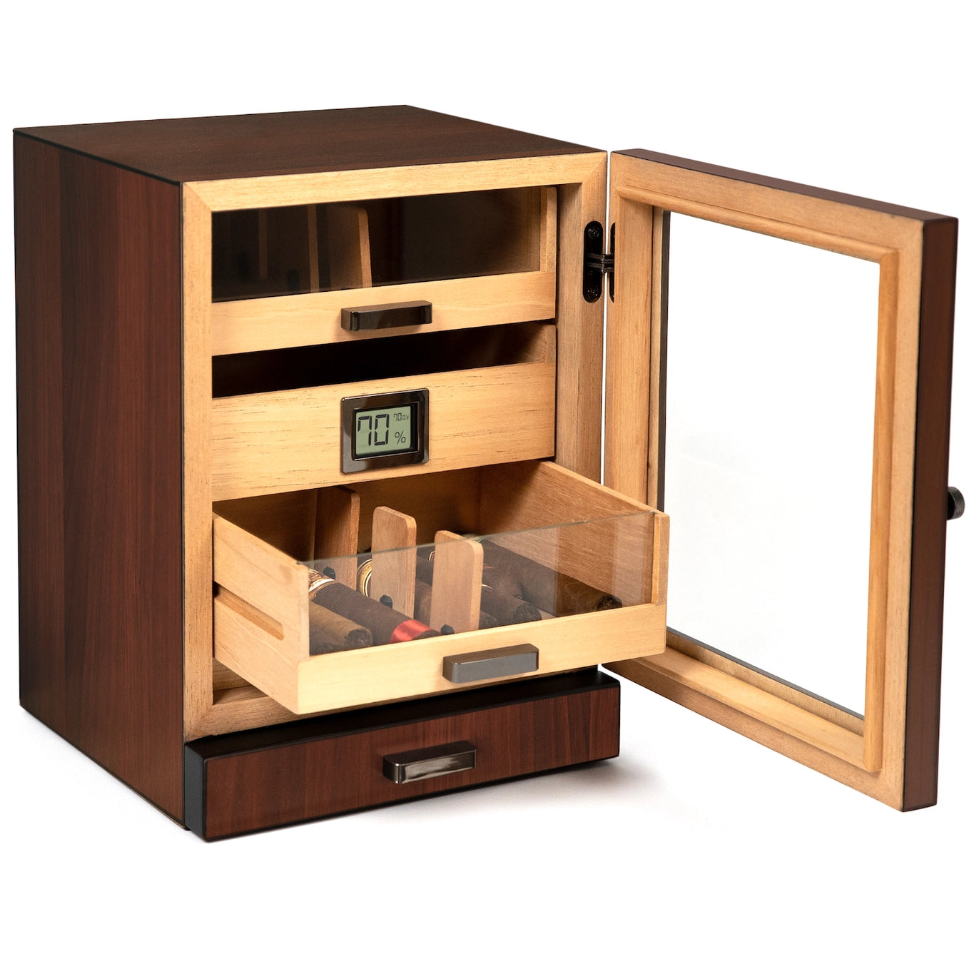 Luca Humidor Cabinet in brown walnut with three drawers, felt-lined accessory tray, and Hydro Tray humidity system