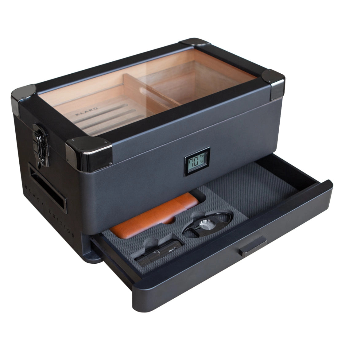 Luxury Military Humidor Cabinet featuring black ash, gold accents, PEG-organized drawers, and Hydro Tray humidity control.