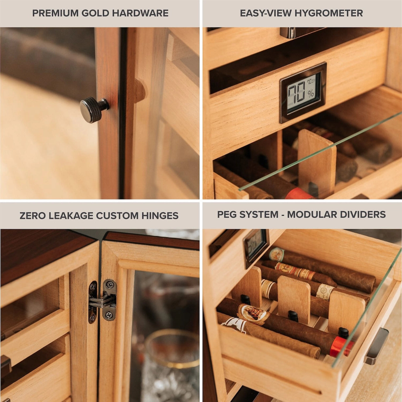 Luca Humidor Cabinet in brown walnut with three drawers, felt-lined accessory tray, and Hydro Tray humidity system