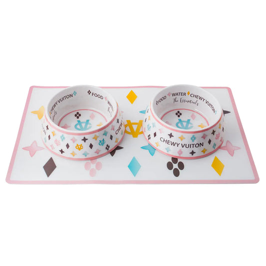 Luxury designer-inspired white Chewy Vuiton dog bowls and placemat set for medium dogs, stylish feeding solution