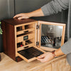 Luca Humidor Cabinet in brown walnut with three drawers, felt-lined accessory tray, and Hydro Tray humidity system