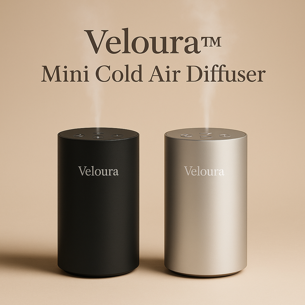 Veloura Mini Cold Air Diffuser in matte black and luxe silver side by side on beige background — luxury waterless aroma diffuser by Fable & Feather Home.