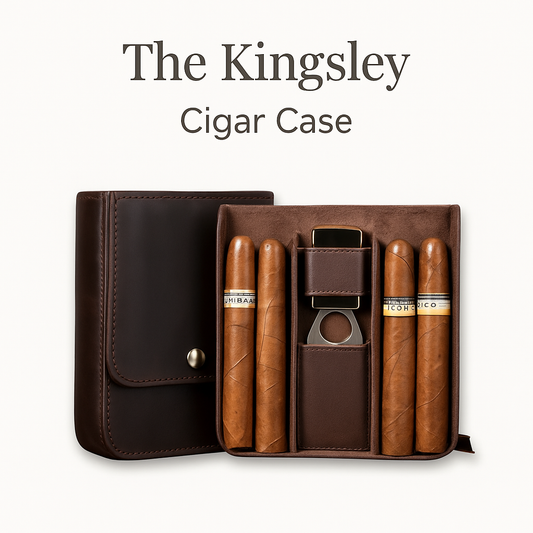 Kingsley Leather Travel Humidor: Vintage crazy horse leather cigar case for 6 cigars with suede lining and snap closure