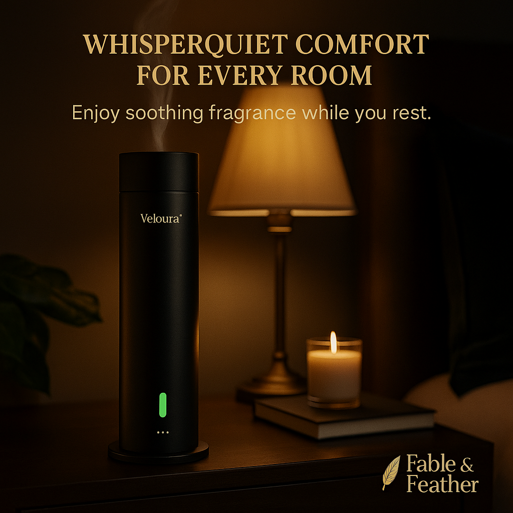 Veloura WhisperQuiet cold-air diffuser releasing soft mist on a bedroom nightstand by Fable & Feather Home