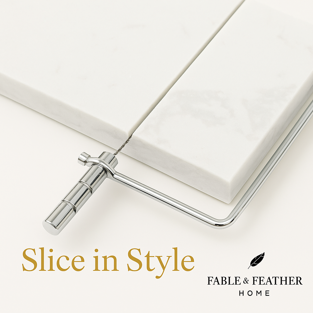 Close-up marble cheese slicer with Slice in Style text and Fable & Feather Home logo 