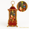Christmas lantern with Santa and tree, gold detail zoom circle on white background.