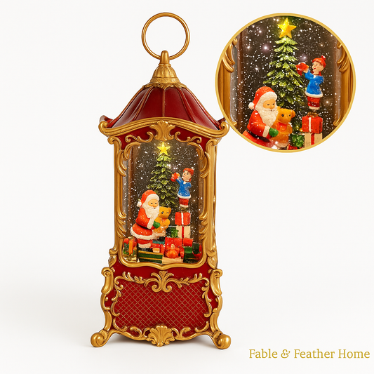 Christmas lantern with Santa and tree, gold detail zoom circle on white background.