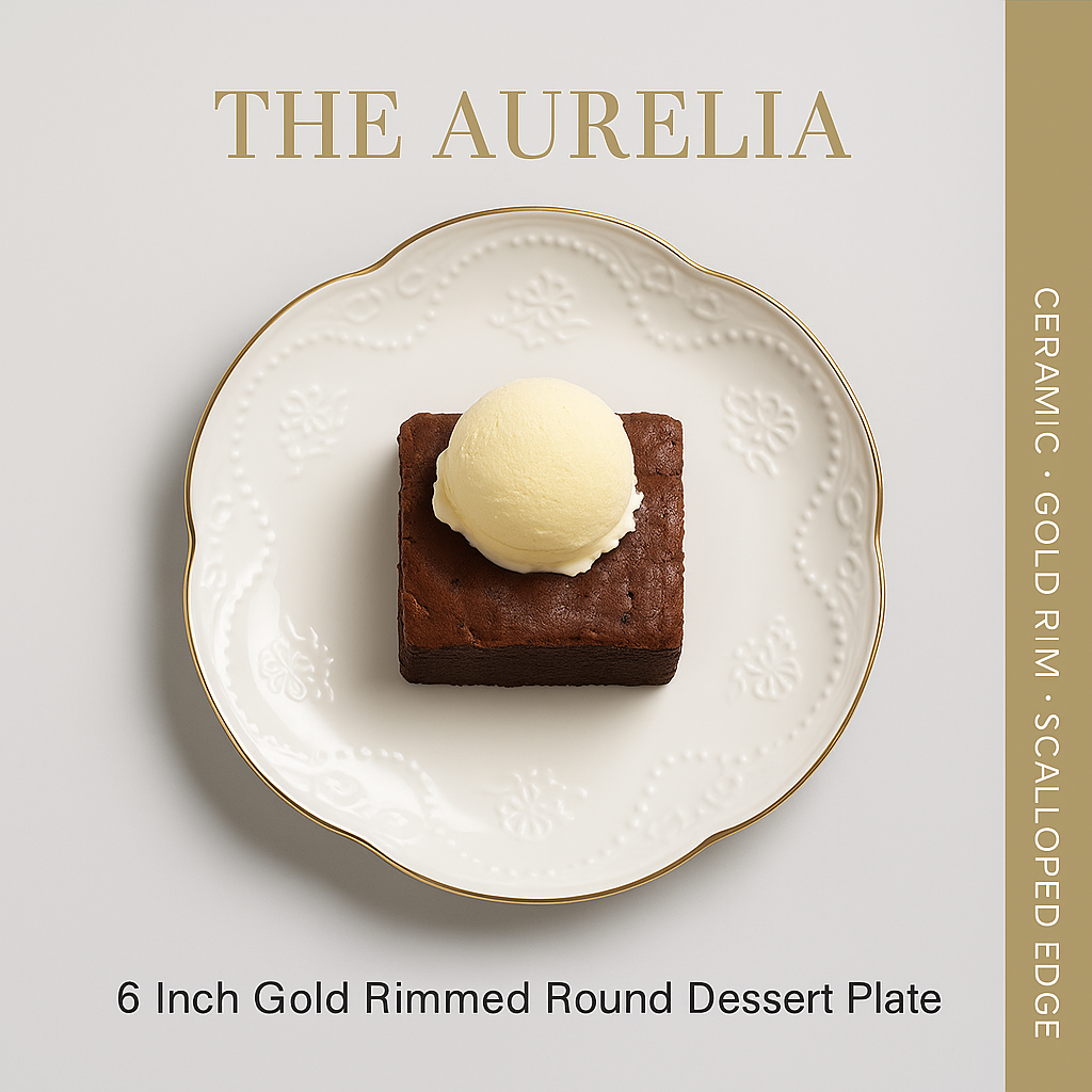 The Aurelia 6 Inch gold rimmed round dessert plate with brownie and ice cream.