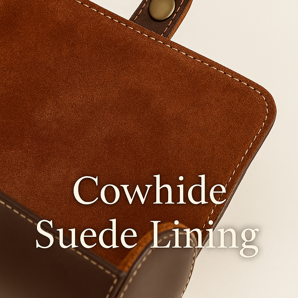 Close-up of a brown leather watch roll with genuine cowhide suede lining and gold button detail.