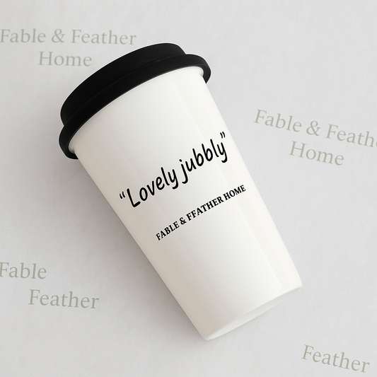 Cheeky ceramic travel mug with “Lovely Jubbly” quote — classic British mug by Fable & Feather Home.