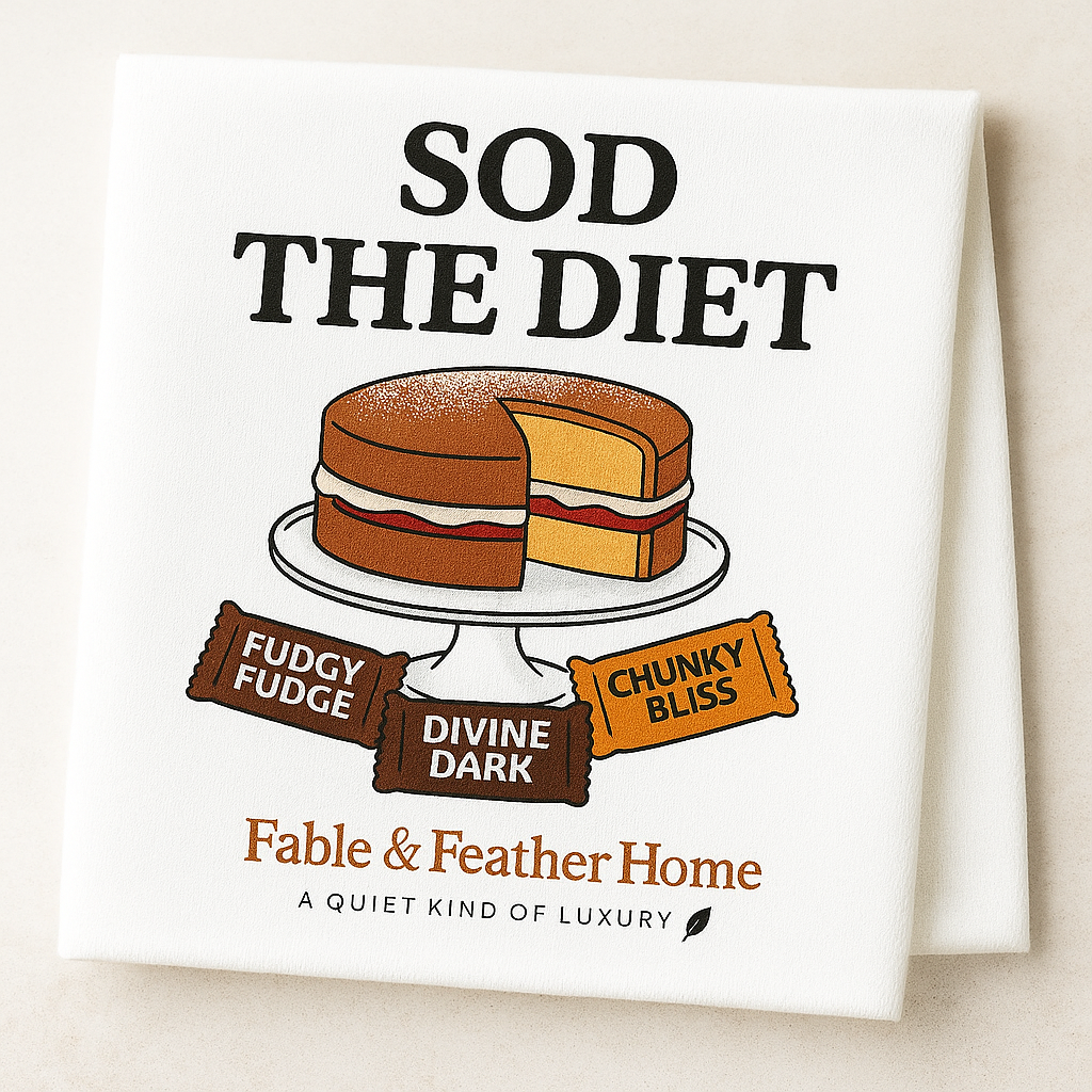 Funny British tea towel with bold text ‘Sod the Diet’ and illustration of a Victoria sponge cake with chocolate bar wrappers. Designed by Fable & Feather Home.