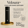 Alt text:
Veloura luxury cold-air nano diffuser on gold tray with marble beige background by Fable & Feather Home