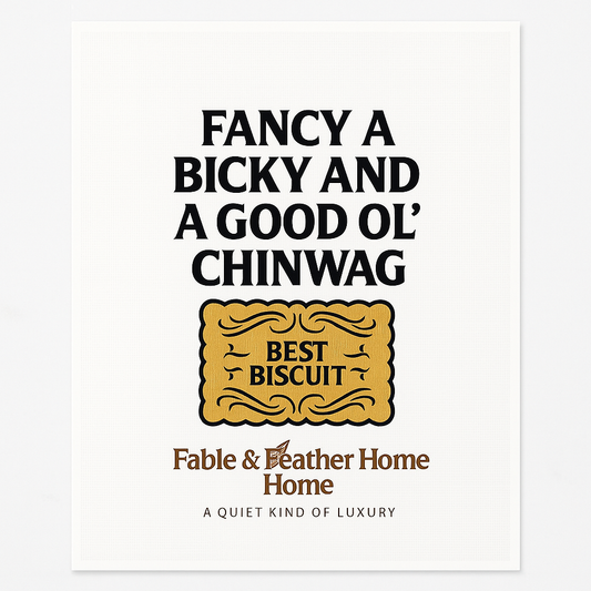Funny British tea towel with custard cream biscuit illustration — Fable & Feather Home.