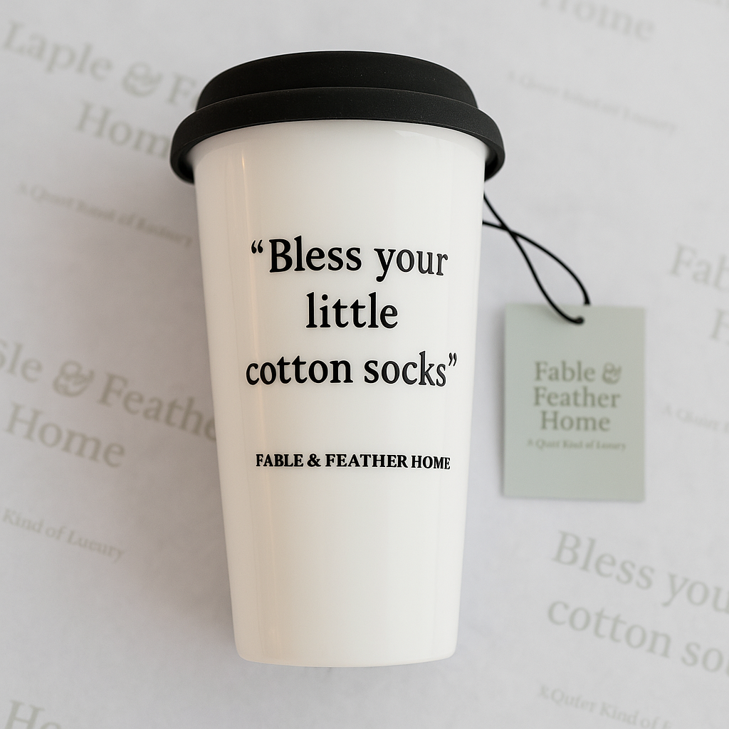 Funny British ceramic travel mug with “Bless Your Little Cotton Socks” quote — Fable & Feather Home.