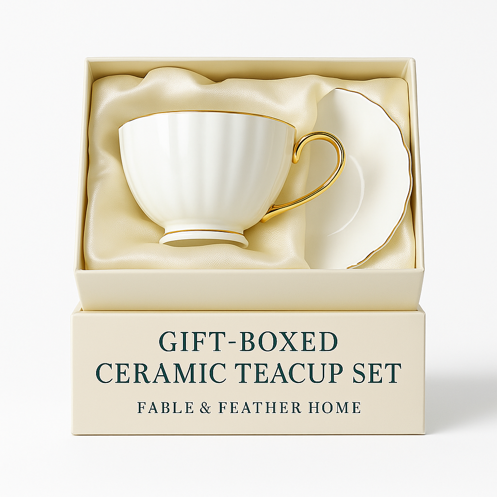Satin-lined presentation box containing gold-rimmed ceramic teacup set