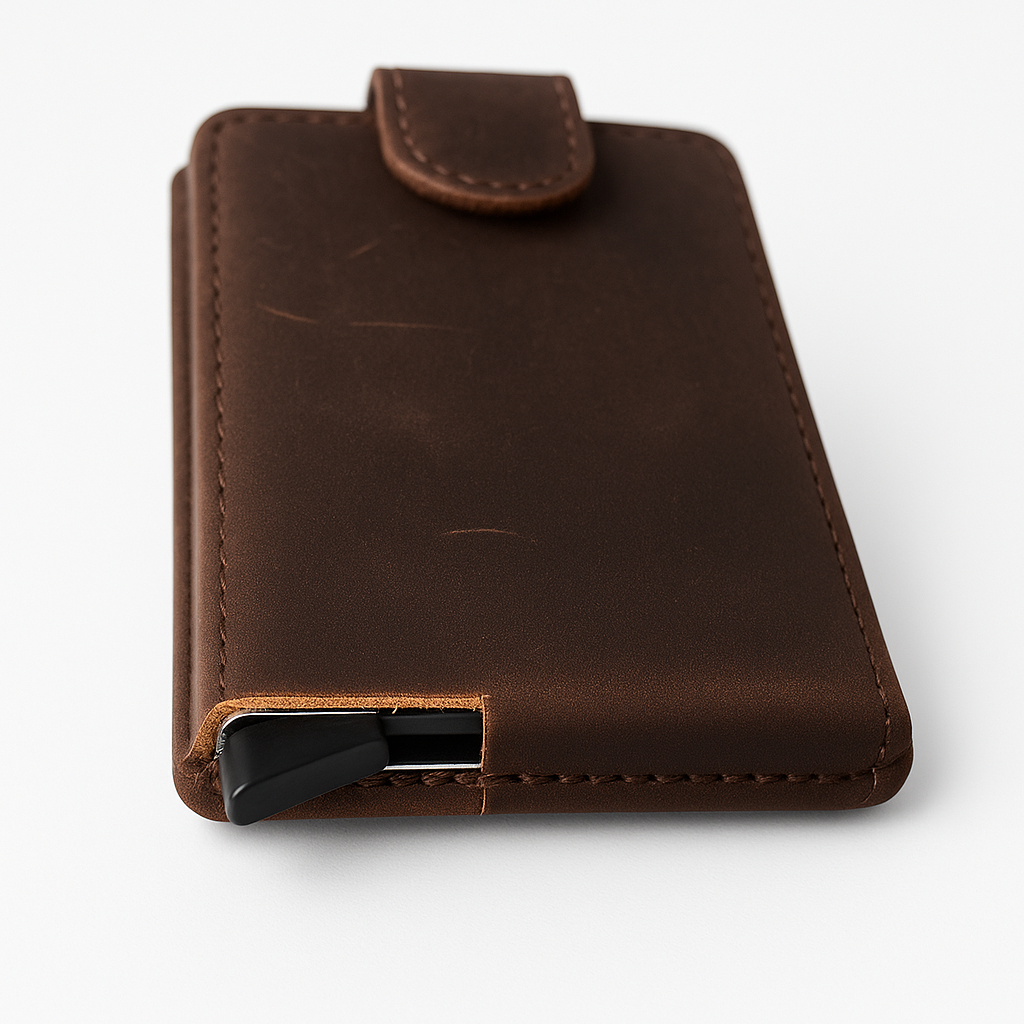 RFID leather card holder in slim minimalist wallet design, The Hawthorne pop-up card case for luxury essentials